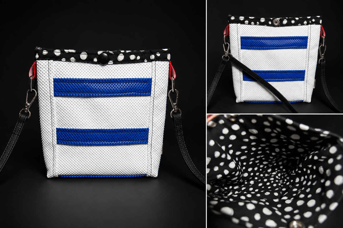 White/Blue & black polka dots